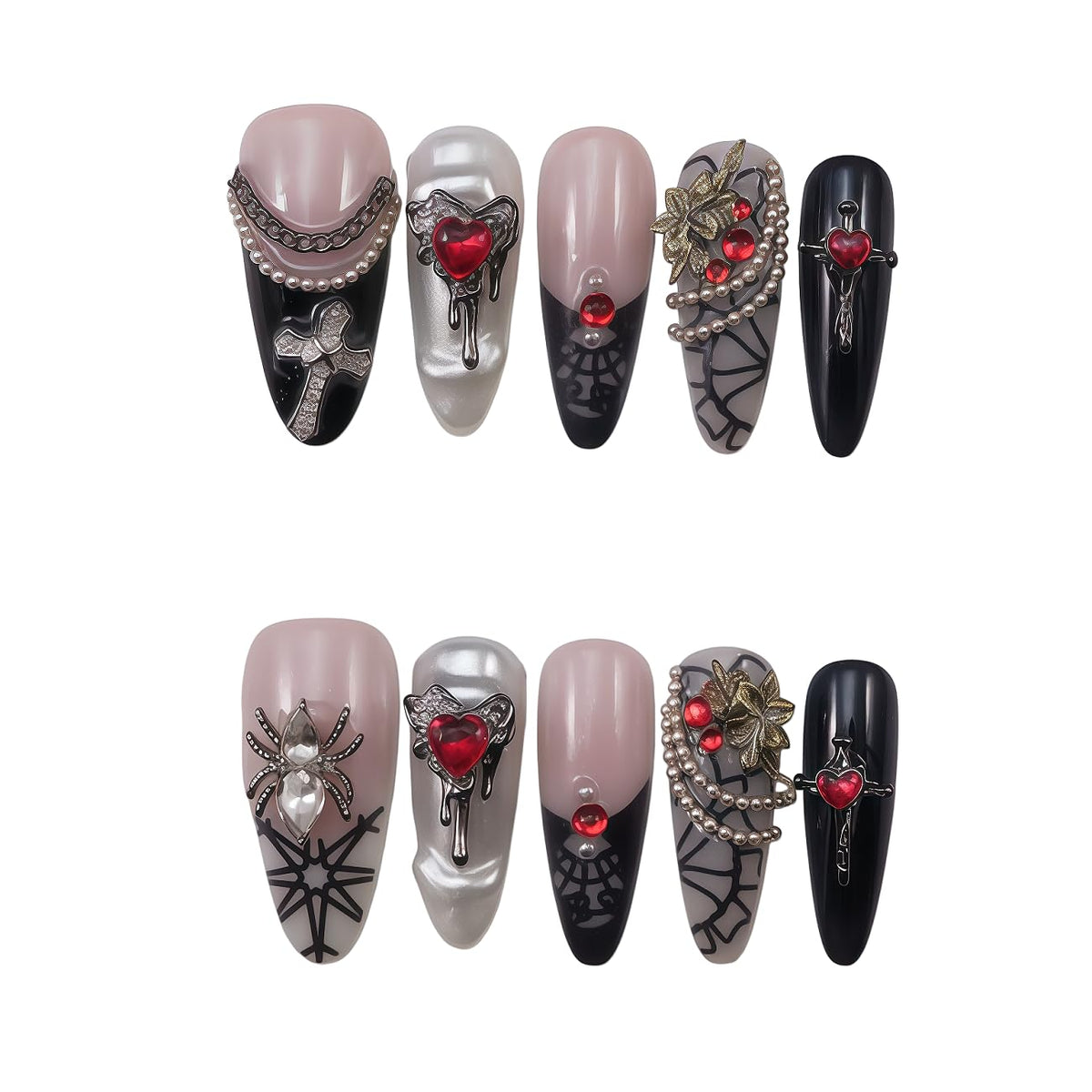 10pcs 3D Metallic Press on Nails Long Almond Handmade, Luxury Ornate Textured False Nails with Gold Silver Chrome Designs, Punk Style Studded Glue on Nails for Women, Gothic Avant-Garde Acrylic Nails
