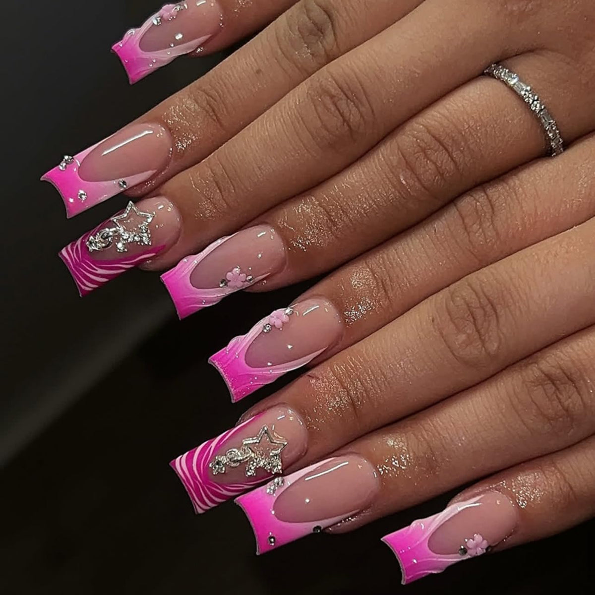 BABALAL Long Square Press on Nails - Blue Fake Nails, Luxury 3D Butterfly Gold Heart Charm Bling Design Full Cover Acrylic Nails Squoval Set 24Pcs