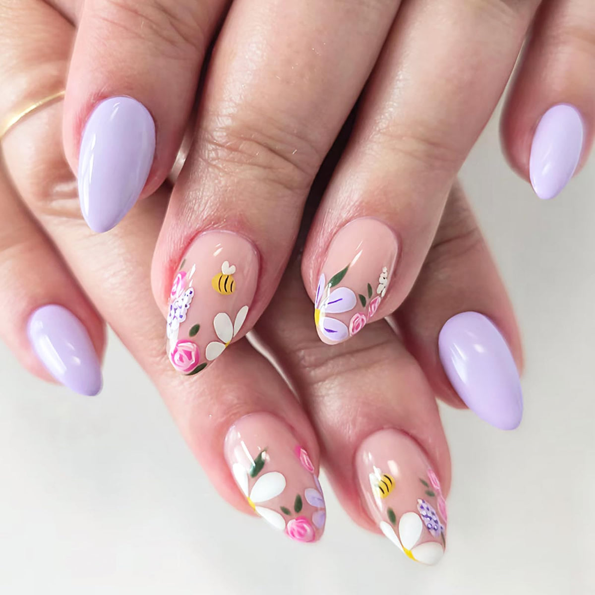 Almond Press on Nails Medium, Handmade White French Tip 3D Nude Fake Nails with Pearl Flower Leaf, Reusable Acrylic Stick On Nails for Women Wedding Bridal Party 24Pcs