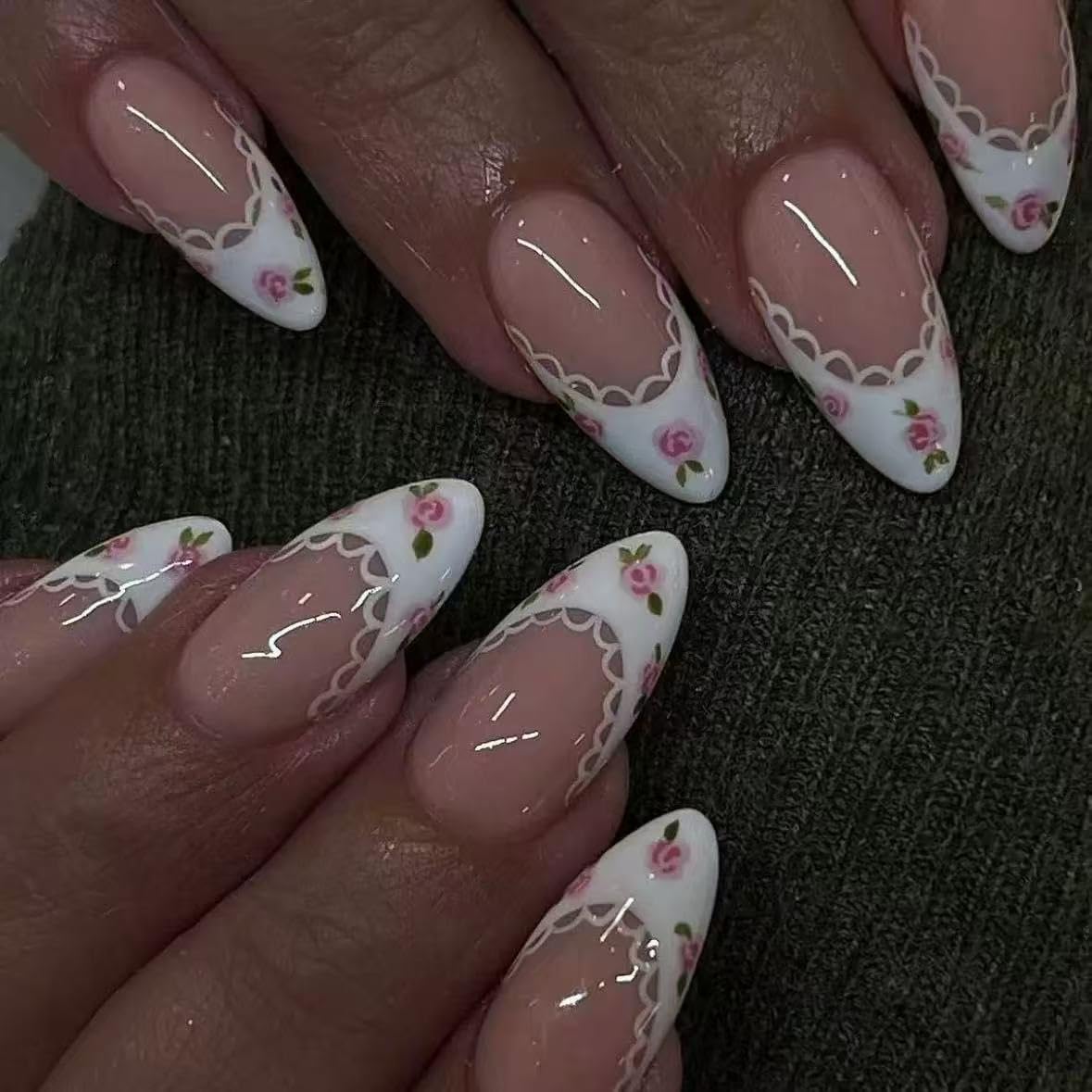 French Tip Press on Nails Medium Almond Fake Nails White Pearl False Nail Tips Summer Wedding Acrylic Nails Glossy Beach Glue on Nails Reusable Cute Stick on Nails for Women Manicure