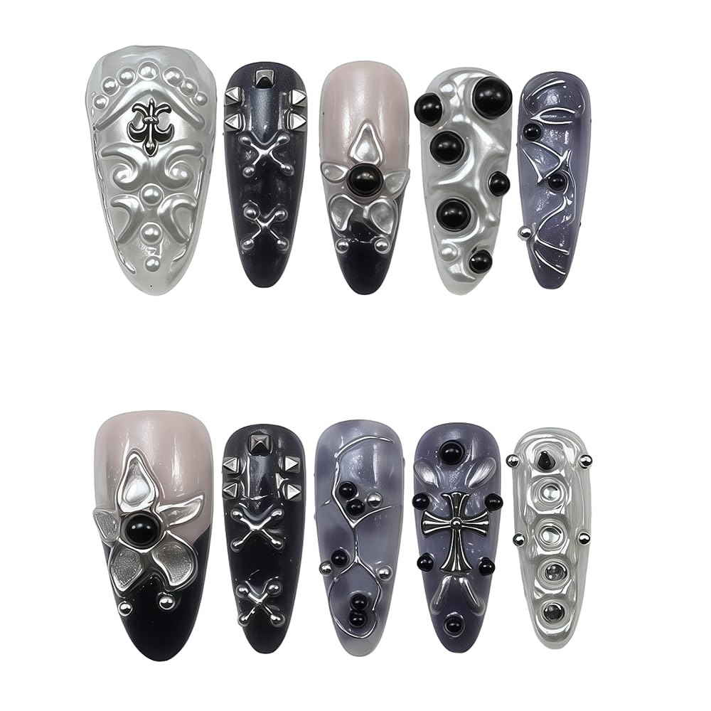 10pcs 3D Metallic Press on Nails Long Almond Handmade, Luxury Ornate Textured False Nails with Gold Silver Chrome Designs, Punk Style Studded Glue on Nails for Women, Gothic Avant-Garde Acrylic Nails