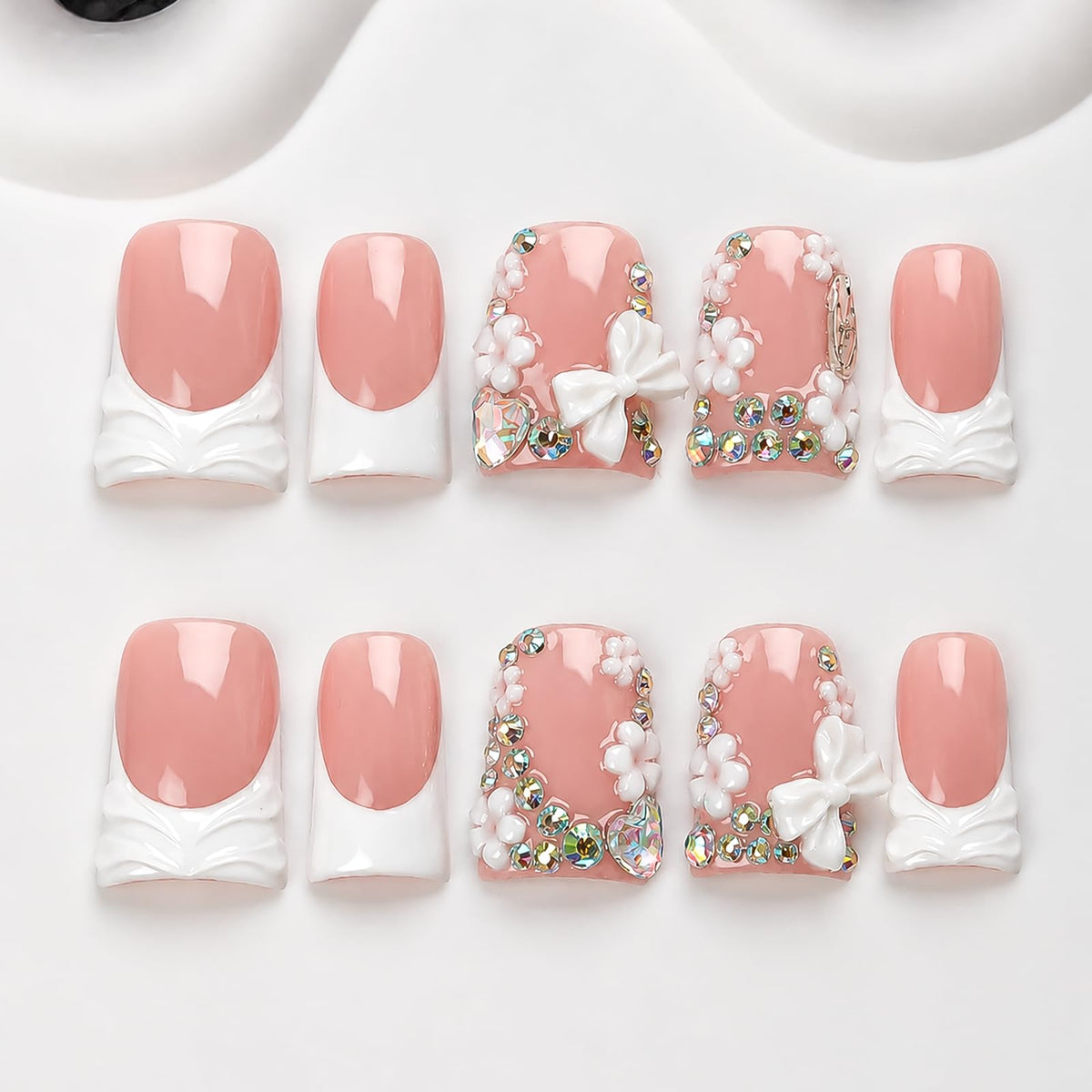 Handmade Press On Nails Short Square Nude 10PCS French Tip Fake Nails with 3D Gold Pearl Charms, Hand Painted Luxury Reusable Stick On Nails for Wedding Bridal Prom(M)