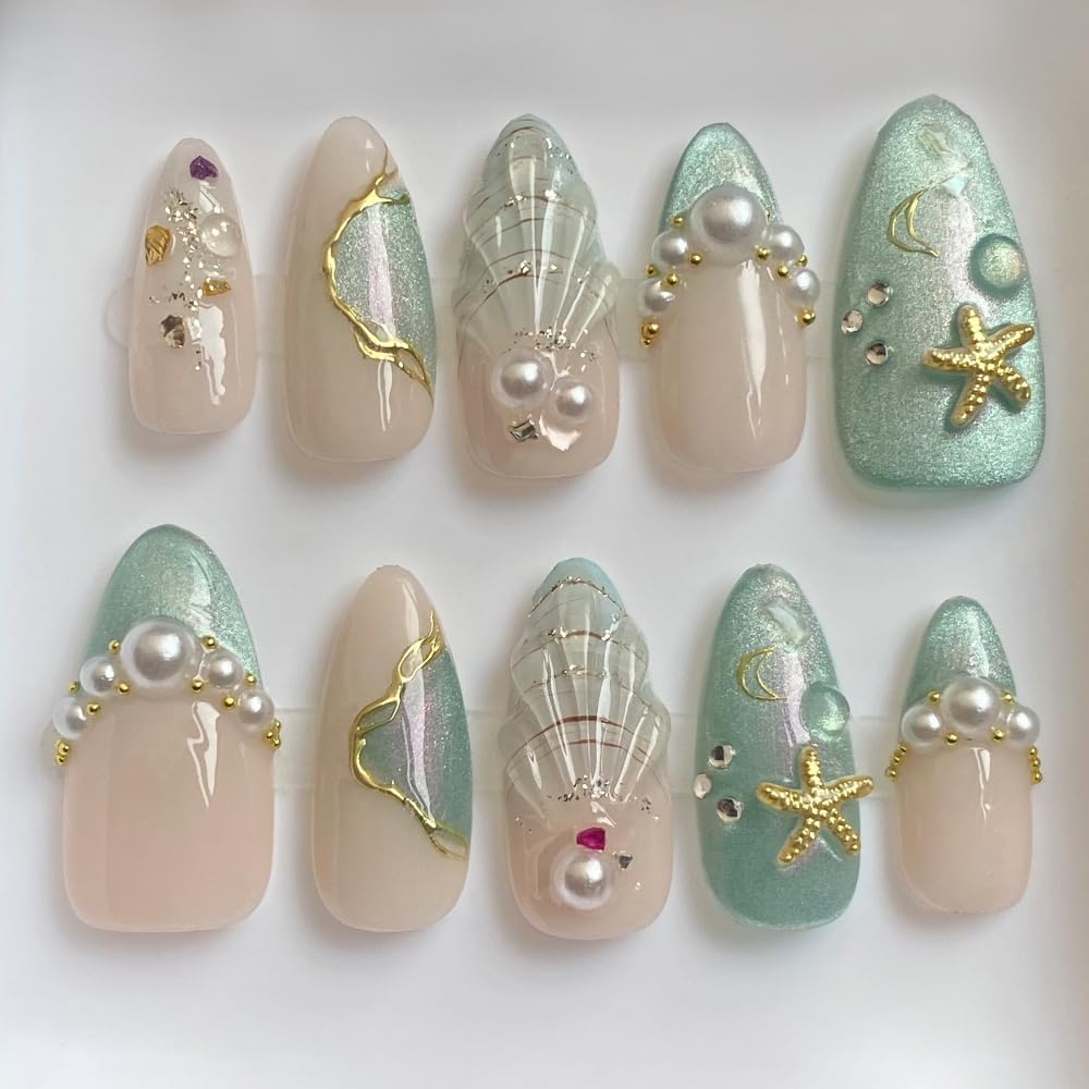 Press on Nails, Handmade Medium Almond Fake Nails, 3D Art False Fingernails with Design Full Cover Fake Nail, Glossy Acrylic Stick on Nails Artificial Nails for Women Manicure 10 Pcs (L)