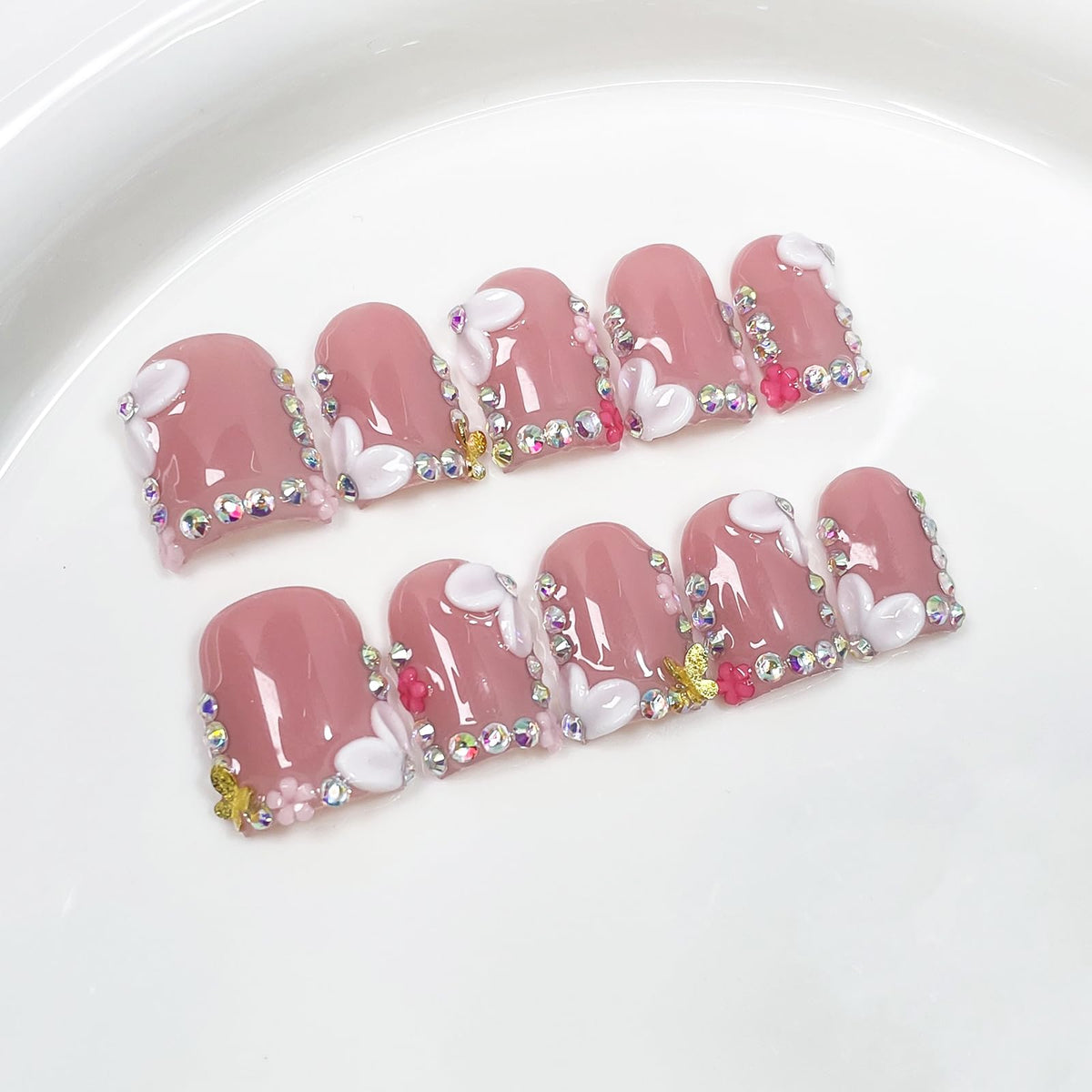 Handmade Press On Nails Short Square Nude 10PCS French Tip Fake Nails with 3D Gold Pearl Charms, Hand Painted Luxury Reusable Stick On Nails for Wedding Bridal Prom(M)
