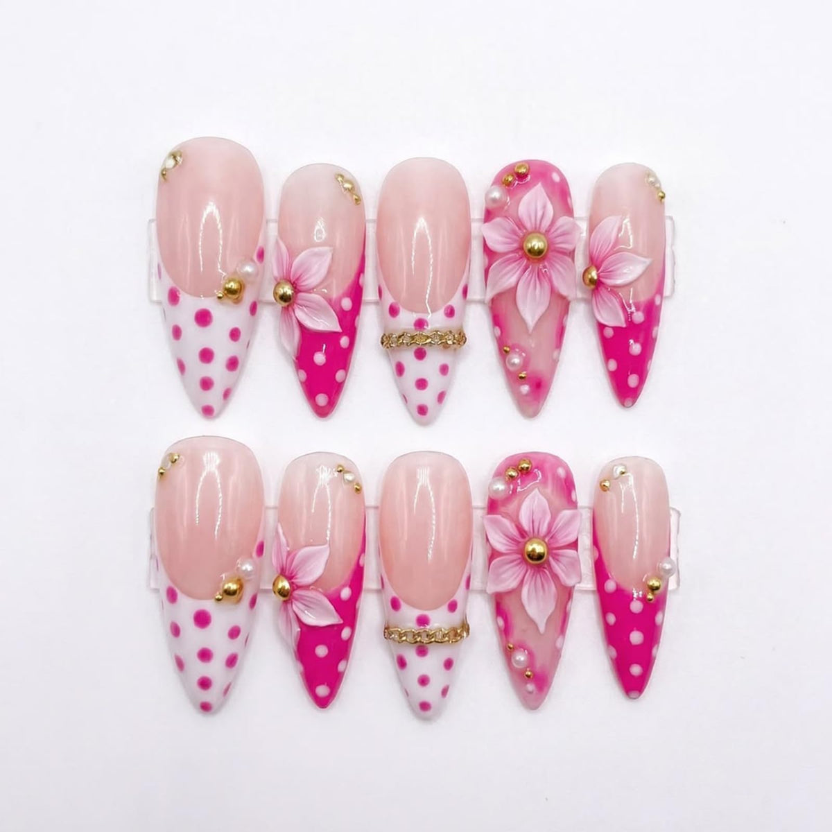 30Pcs Long Stiletto Press On Nails Gold Chrome Fake Nails with 3D Rhinestone Design Amber Gilding Nude Full Cover Acrylic Nails French Tip Glue On Nails Metal False Nails Luxury Manicure Set for Women