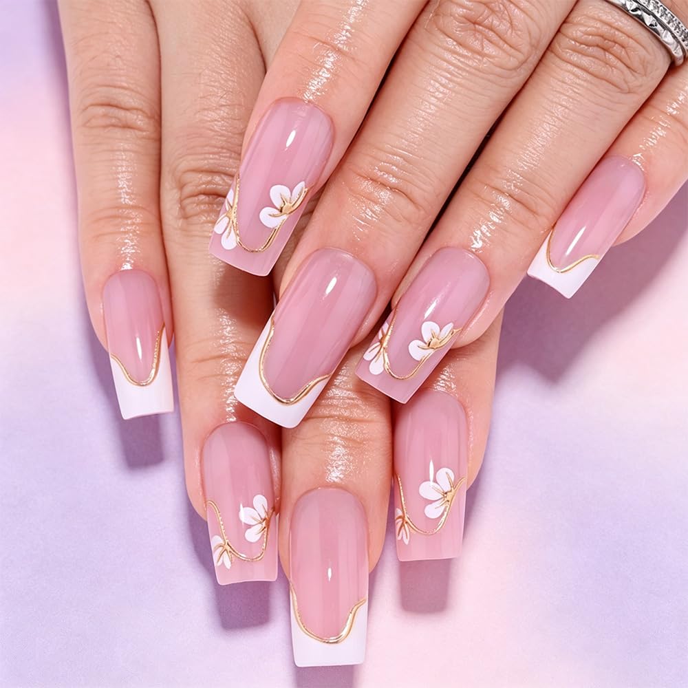 White French Tips Press on Nails, Irregular Gold 3D Lines with Flower & Pearl Design, Reusable Salon Quality Acrylic False Nails for Women, Glue On Nails with Adhesive Tabs for Daily Wear