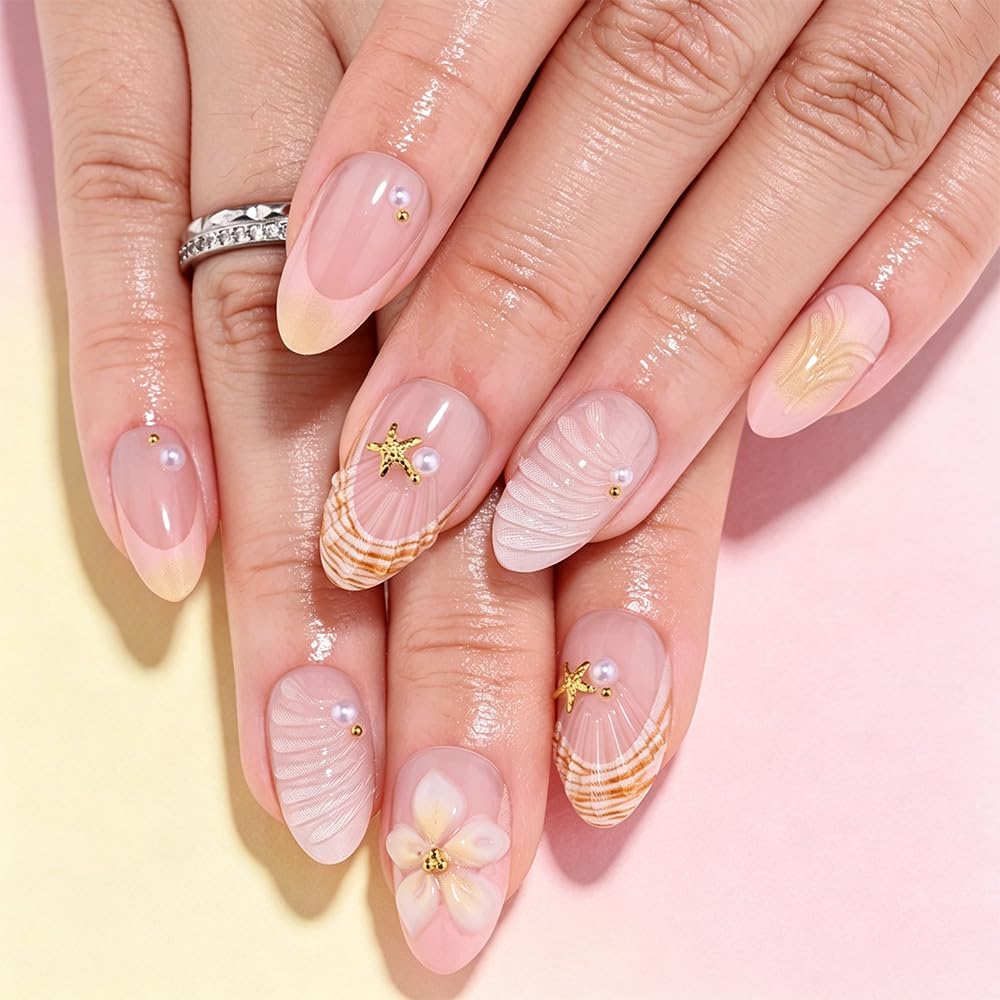 White French Tips Press on Nails, Irregular Gold 3D Lines with Flower & Pearl Design, Reusable Salon Quality Acrylic False Nails for Women, Glue On Nails with Adhesive Tabs for Daily Wear