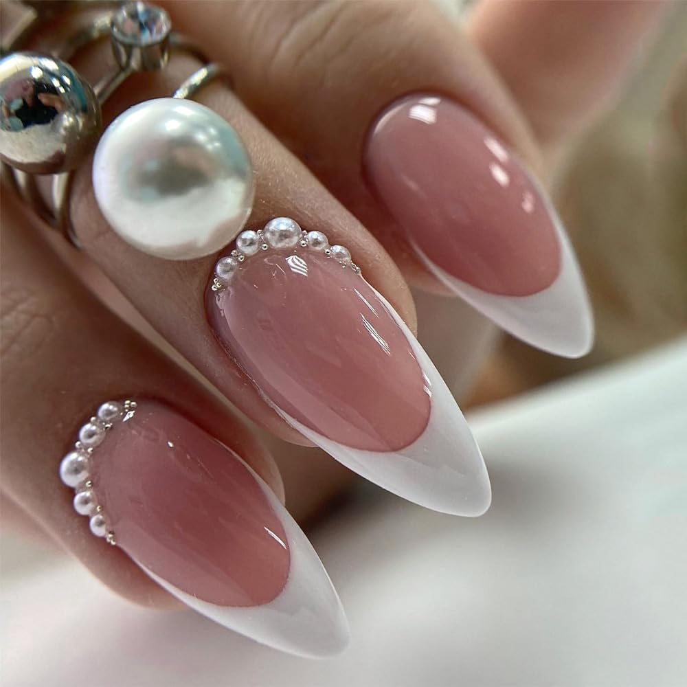 French Tip Press on Nails Almond White Short Medium Fake Nails with Pearl Design Gel fake nails for Wedding Birthday Acrylic stick on nail with Glue Manicure False Nails For Women 675PPD