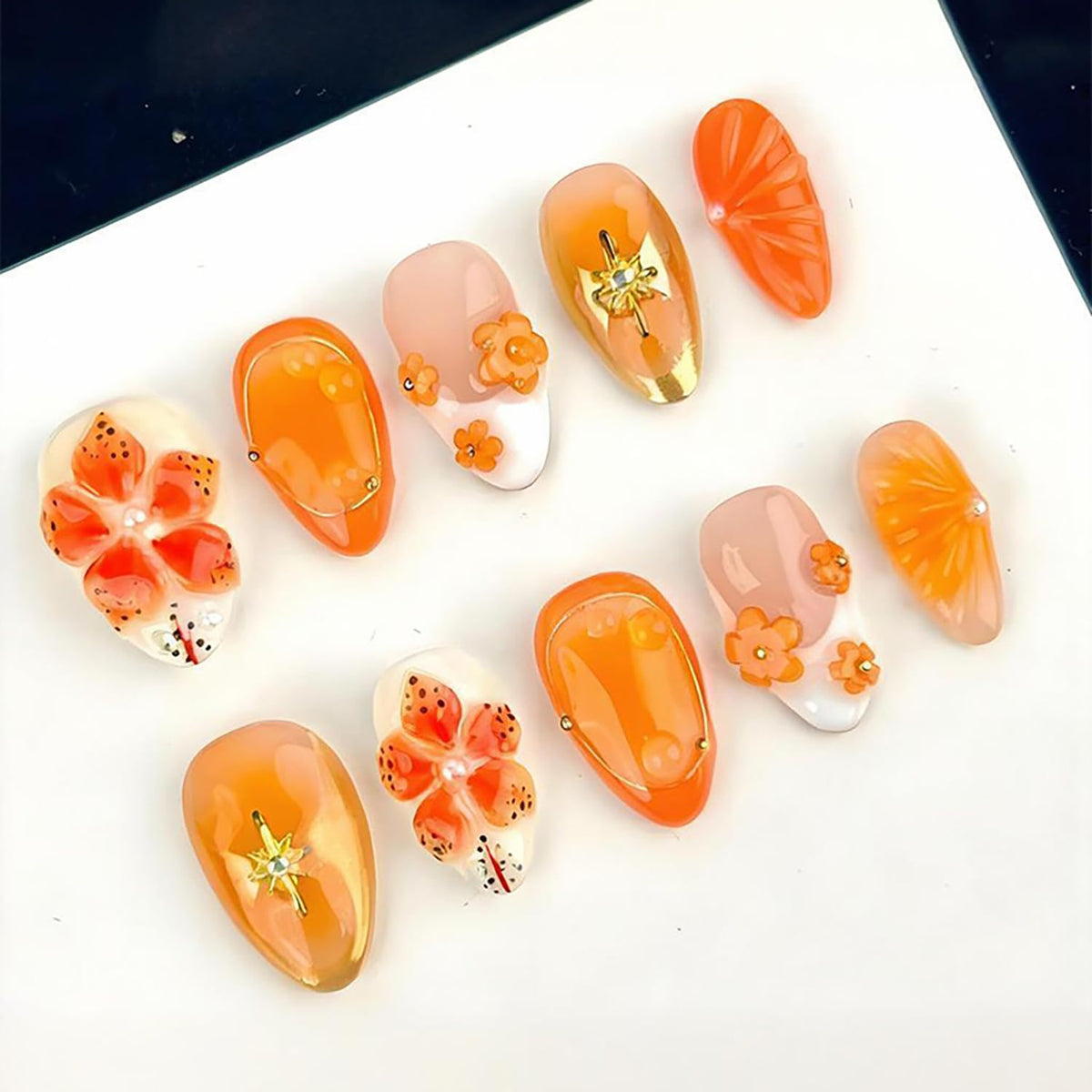 Almond Press on Nails White Flower with Gold Rhinestone Wedding Fake Nails