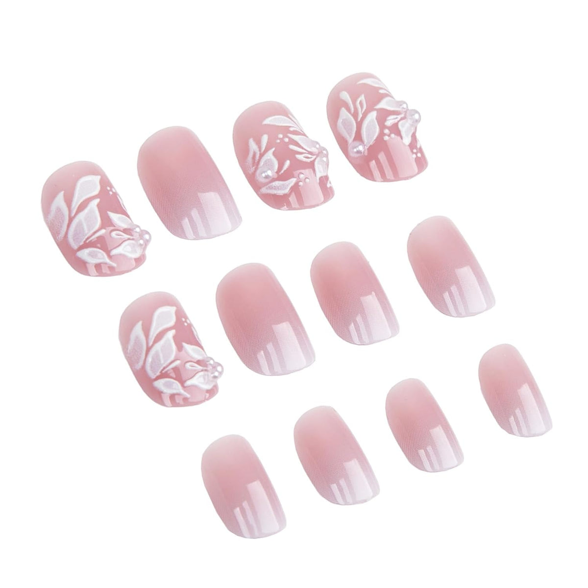 Bridal Press on Nails Short Almond Nude 3D White Floral Lace Pearl Wedding