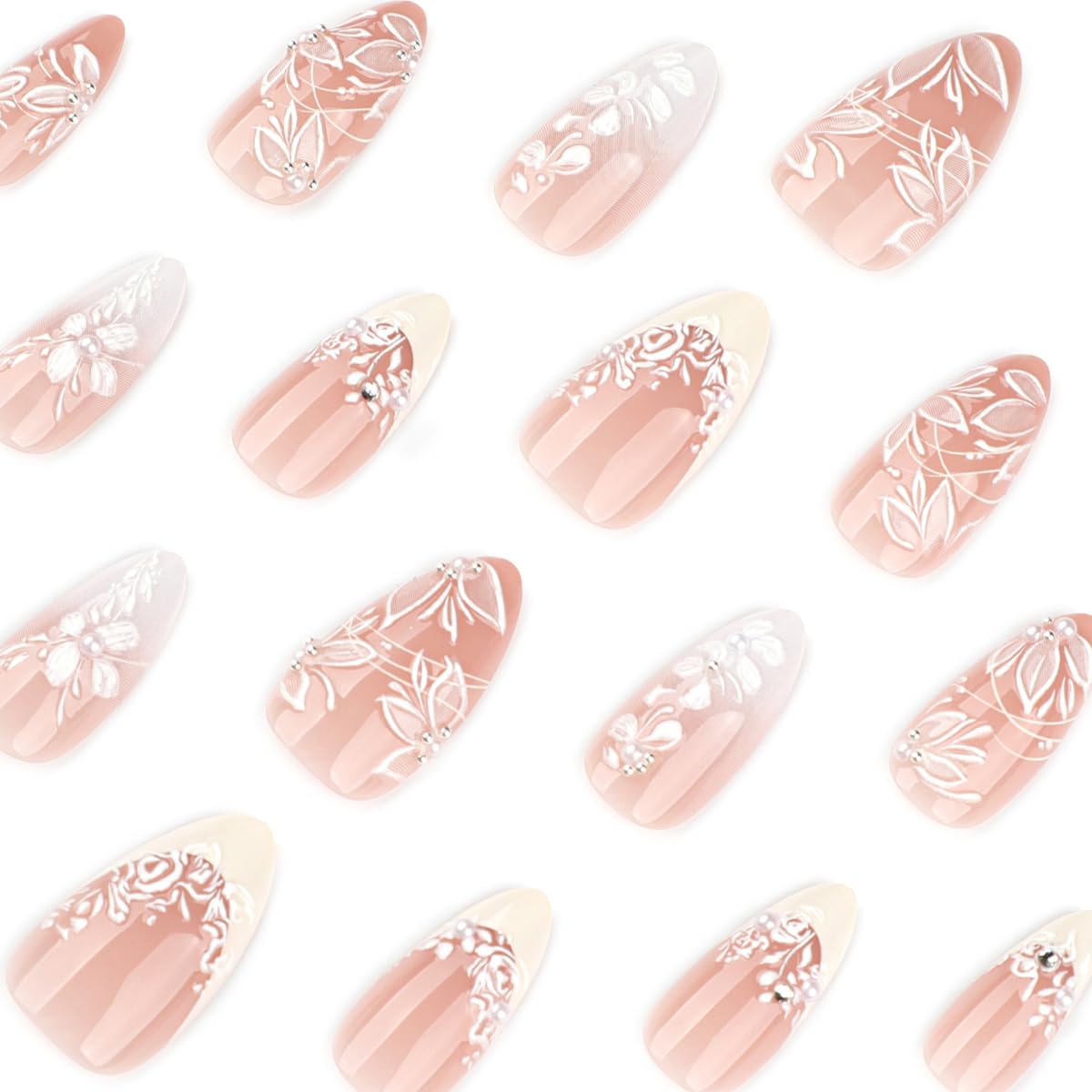 Medium Almomnd Press on Nails - Elegant White Floral Bridal Fake Nails