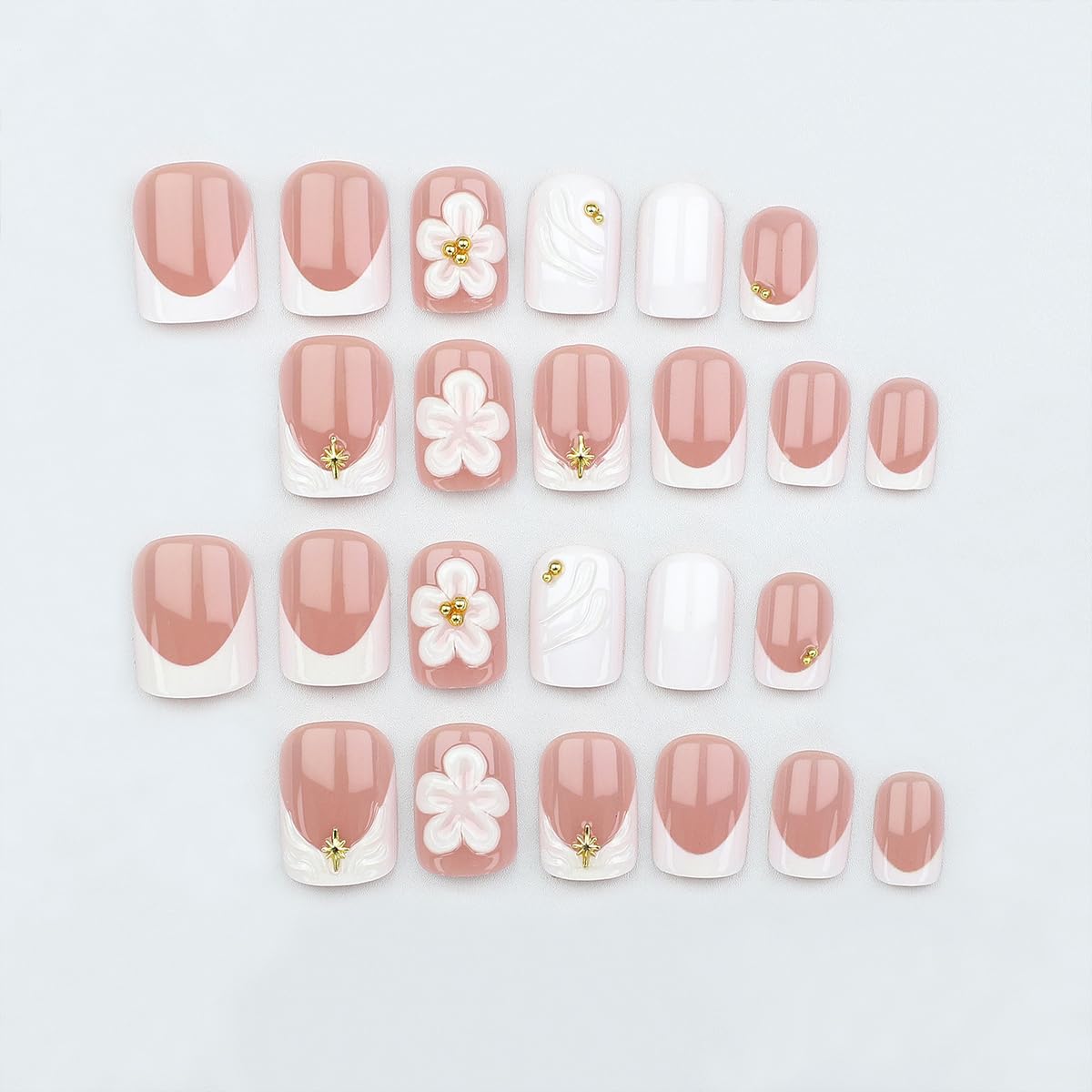 24Pcs White Flower Press on Nails Gold Bead Star French Tip Fake Nails