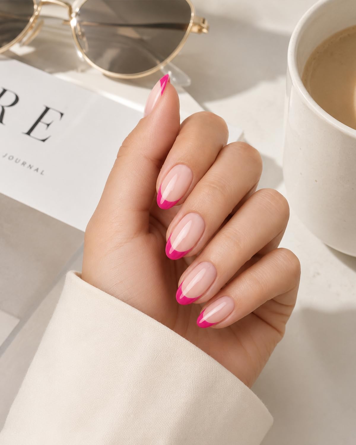 French Tip Press On Nails-Medium Pointed Almond Shape Nails