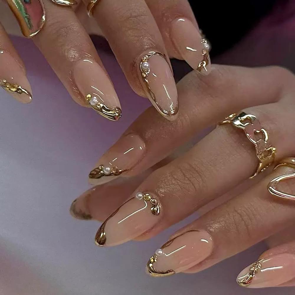 Press On Nails Almond Fake Nails French Tip False Nails Press ons Medium Glue on Nails with Chrome Design for Women Stick on Nail 24Pcs