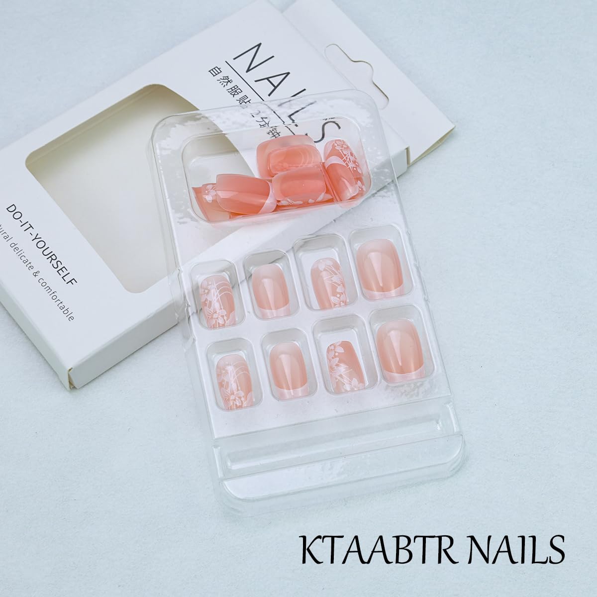 French Tip Press on Nails Short Square Flowers Fake Nails with Designs White French Tip Flowers Acrylic Nails Supply Glossy Artificial Nails Glue on Nails for Women Girls DIY Manicure 24 pcs