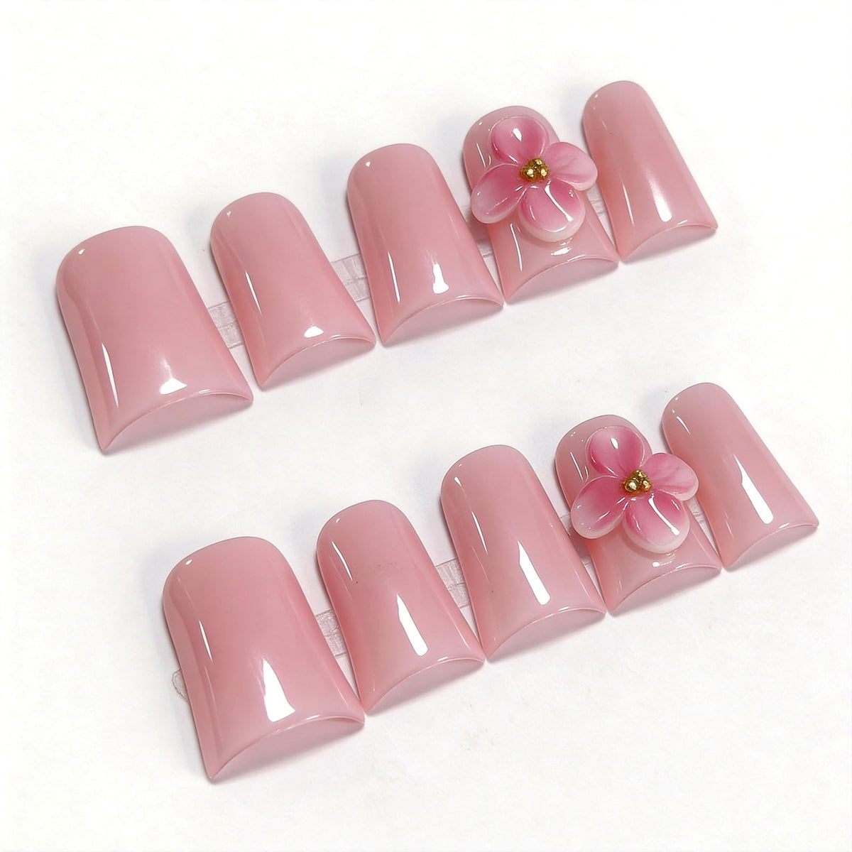 White Medium Square Handmade Press On Nails, French Tip 3D Heart Design