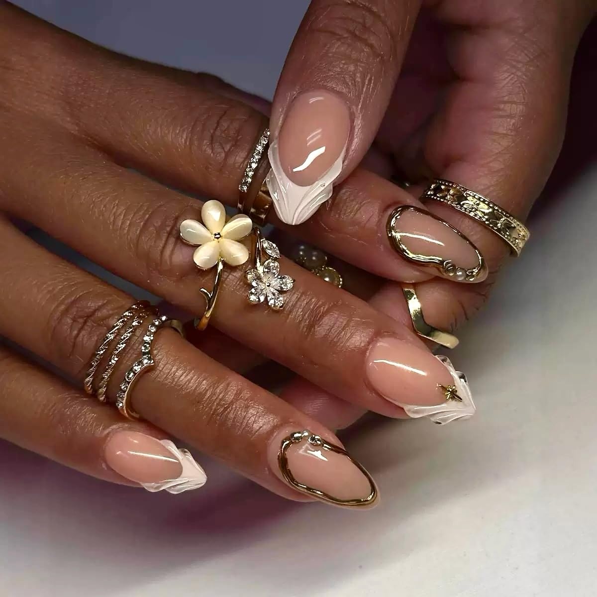 Almond Press on Nails Medium - Fall Fake Nails with Gold Line Design - White Full Cover Stick on False Nails - for Women 24 Pcs