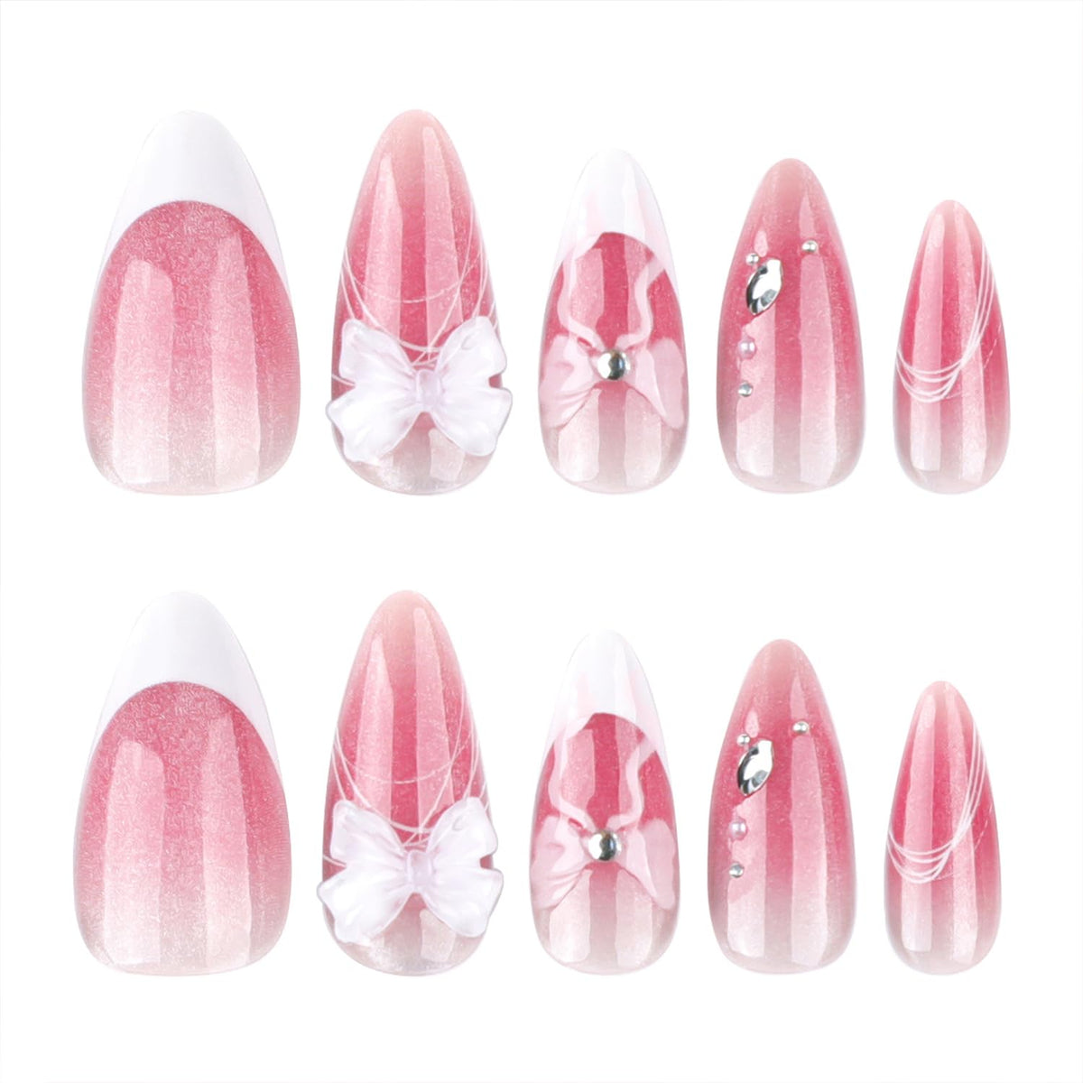 Almond Press on Nails Pink Glitter Bridal Designs Medium Fake Nails with 3D Bow Rhinestones Accent Glossy Wedding Manicure for Bride Bridesmaid Women 24 Pcs