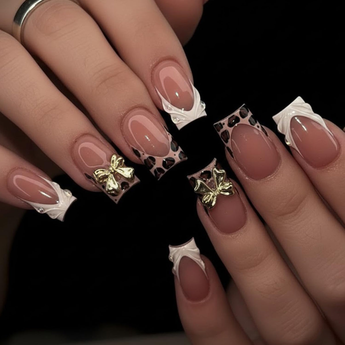 Short Square Press on Nails Flower White French Tip Fake Nails with 3D Floral Gold Bead Designs Glossy Reusable Full Cover Stick on False Nail Set for Women 24 Pcs