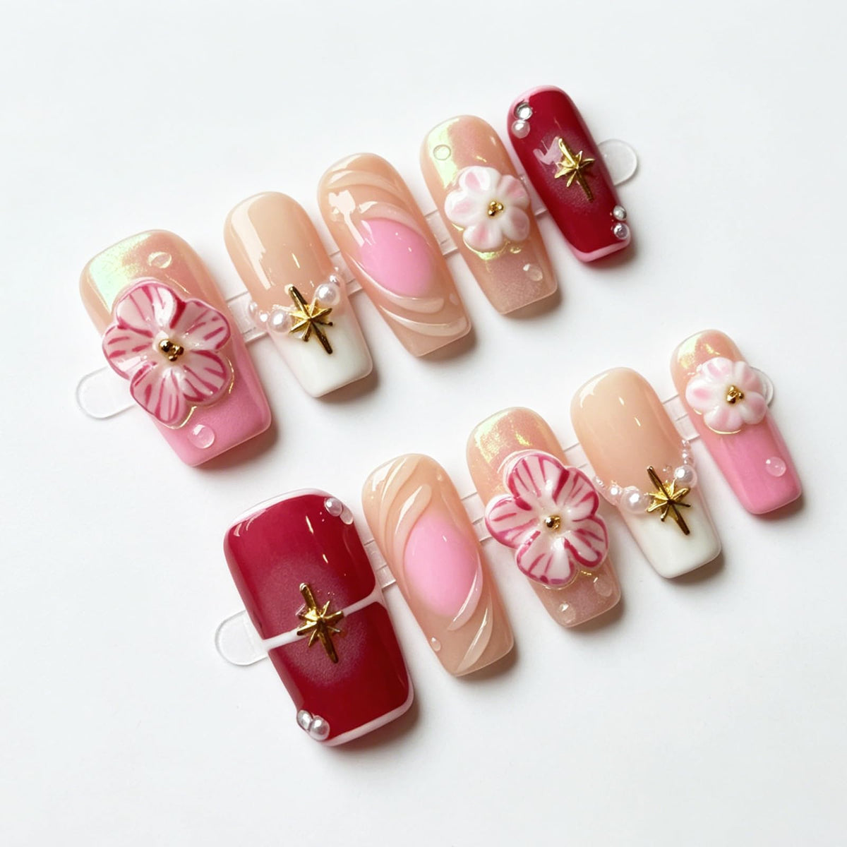 White Medium Square Handmade Press On Nails, French Tip 3D Heart Design