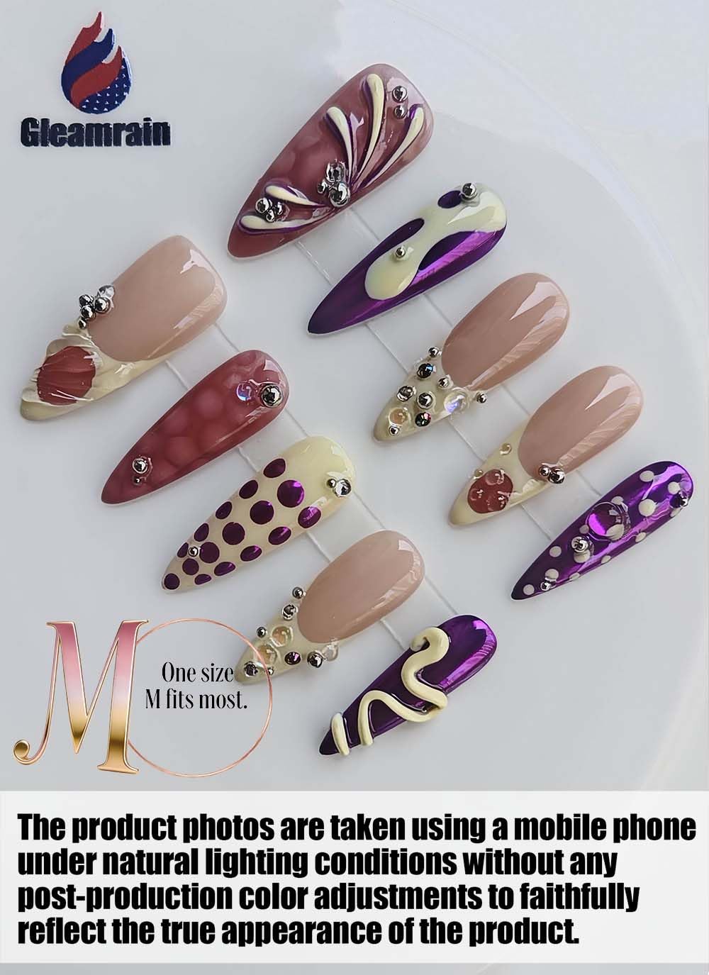 Handmade Press on Acrylic Nails, Almond Long Press Ons with Purple & Nude 3D Swirl Design, Rhinestone & Polka Dot Accents, Stiletto Glue on False Nails Y2K M Size -Gleamrain Design 801