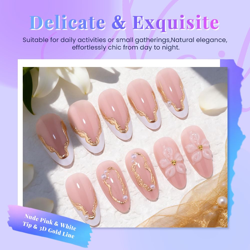 White French Tips Press on Nails, Irregular Gold 3D Lines with Flower & Pearl Design, Reusable Salon Quality Acrylic False Nails for Women, Glue On Nails with Adhesive Tabs for Daily Wear