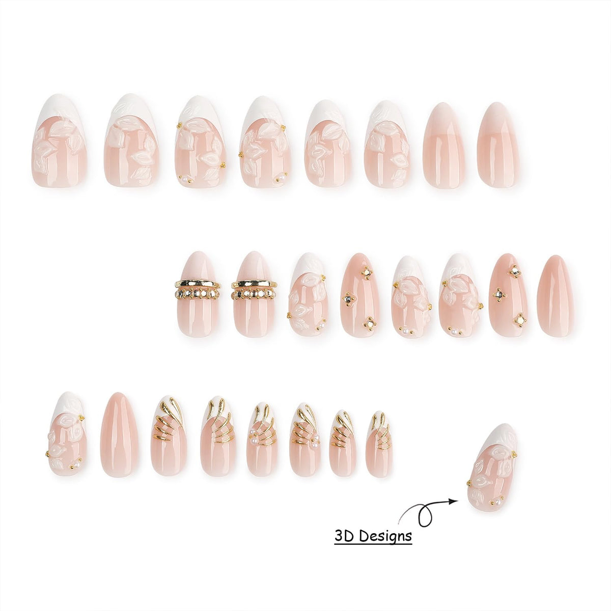 Almond Press on Nails White Flower with Gold Rhinestone Wedding Fake Nails