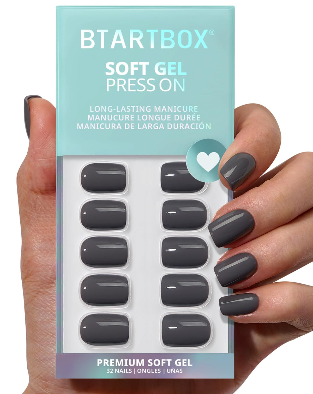 BTArtbox Press On Nails, Short Square Pink Fake Nails, 32Pcs Full Kit