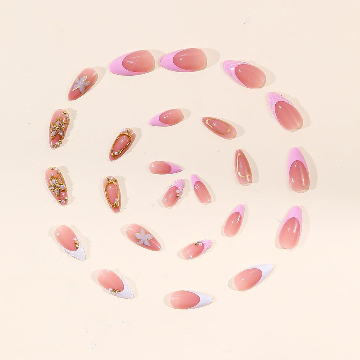 24Pcs Handmade Press on Almond Nails Nude Pink White Gold Flower Fake Nails Pearl False Nails Elegant Summer Nails Glue on Luxurious for Girl Women Stick on Nails Bridal Wedding Formal Events Life
