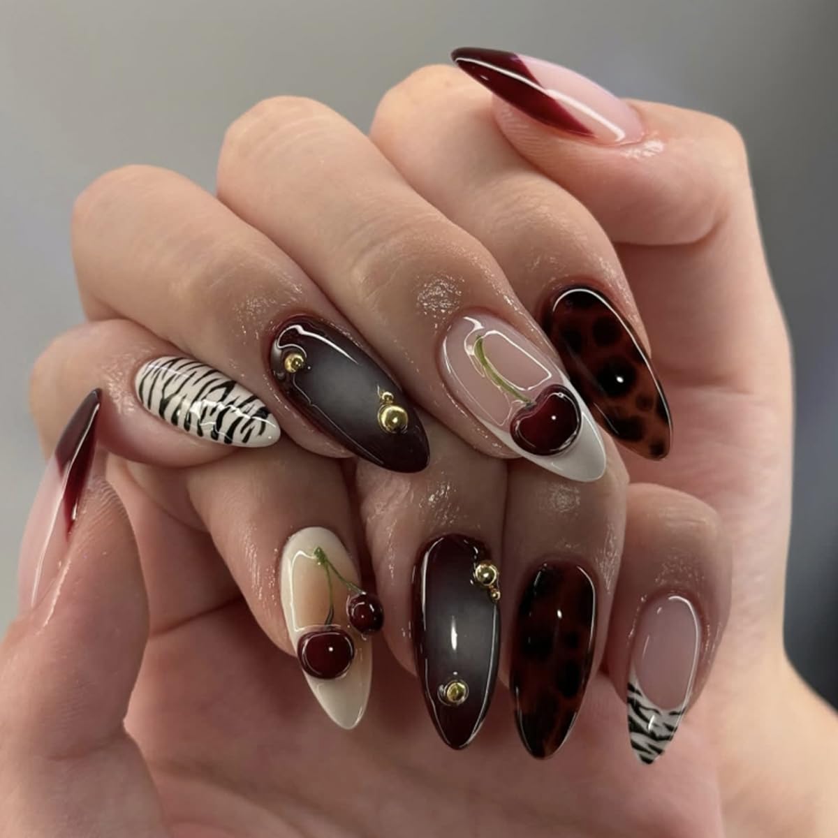 Medium Almond Press on Nails - White French Tip with 3D Flower Rhinestones