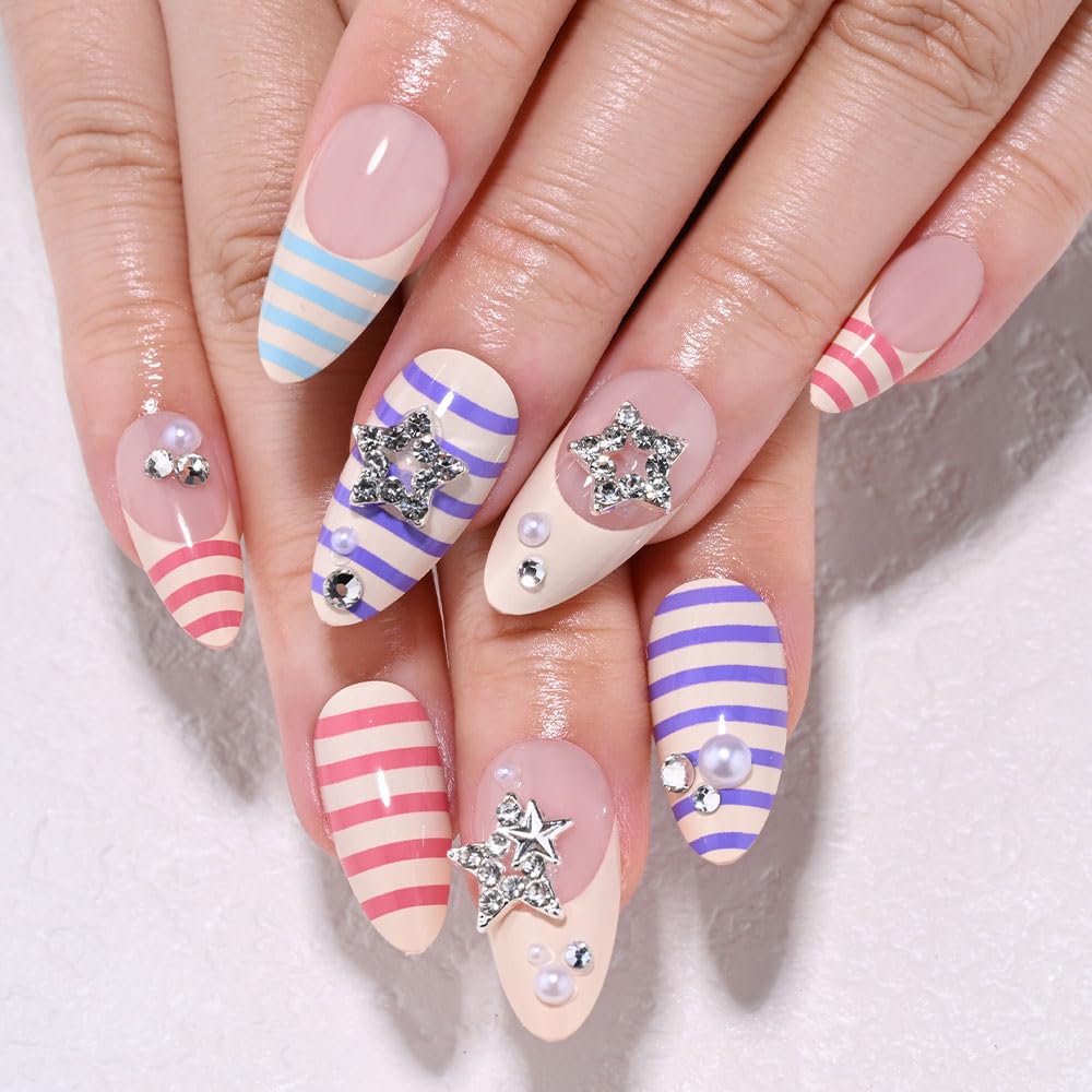 White French Tips Press on Nails, Irregular Gold 3D Lines with Flower & Pearl Design, Reusable Salon Quality Acrylic False Nails for Women, Glue On Nails with Adhesive Tabs for Daily Wear