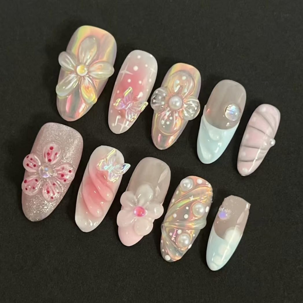 Green Press on Nails Medium Almond Fake Nails with 3D Pearl Rhinestones Designs Gold French Tips Flower Acrylic Nails False Nails White Floral Full Cover Glossy Stick on Nails for Women 24Pcs
