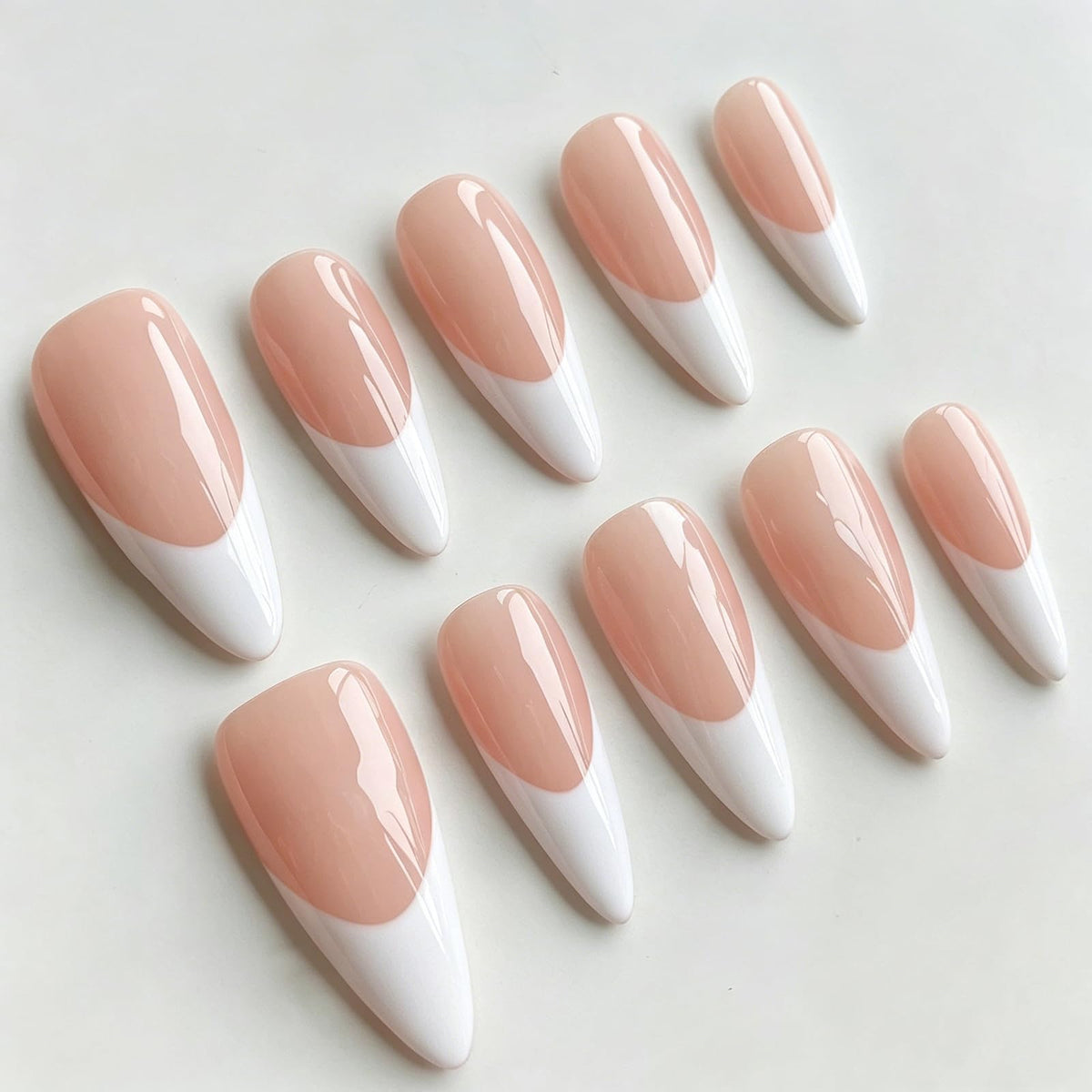 Handmade Almond Press on Nails Medium, Nude White French Tip Fake Nails with 3D White Flower Gold Metal Lines Pearl Decor, Glossy Reusable Full Cover False Nails for Women Wedding Daily(S)