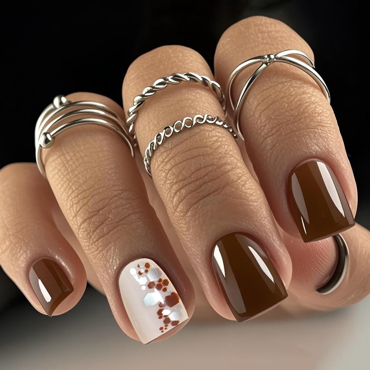 Milky White Press on Nails Medium Square, Pearls Deco Design, 24Pcs