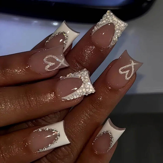 QQPPOLIU Nude Square Press on Nails Short Length,White French Tips Fake Nails with Rhinestones Design for Birthday/Bride/Holiday/Christmas/Valentine'S Day/Women/Young