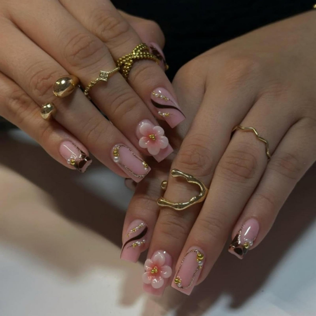 3D Handmade Pink Flower Press on Nails Blue French Tip Almond Fake Nails with Gold Metal Charms Luxury Reusable Full Cover Pink Acrylic Nails Press on for Women 24Pcs