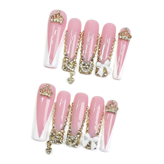 xl Luxury Press on Nails Long Handmade Square Acrylic False Nails French Tip with Bow Rhinestones Designs Fake Stick on Nails for Women Wedding Prom Party Manicure 10Pcs(Size M)