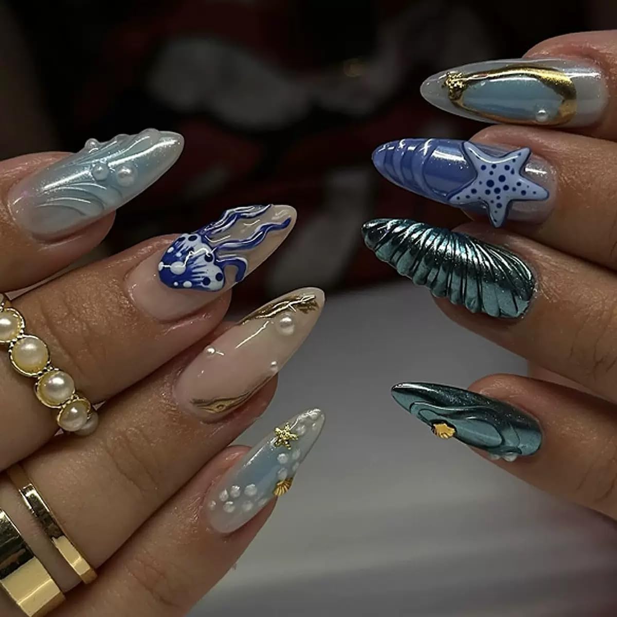 Almond Press on Nails Medium - Fall Fake Nails with Gold Line Design - White Full Cover Stick on False Nails - for Women 24 Pcs