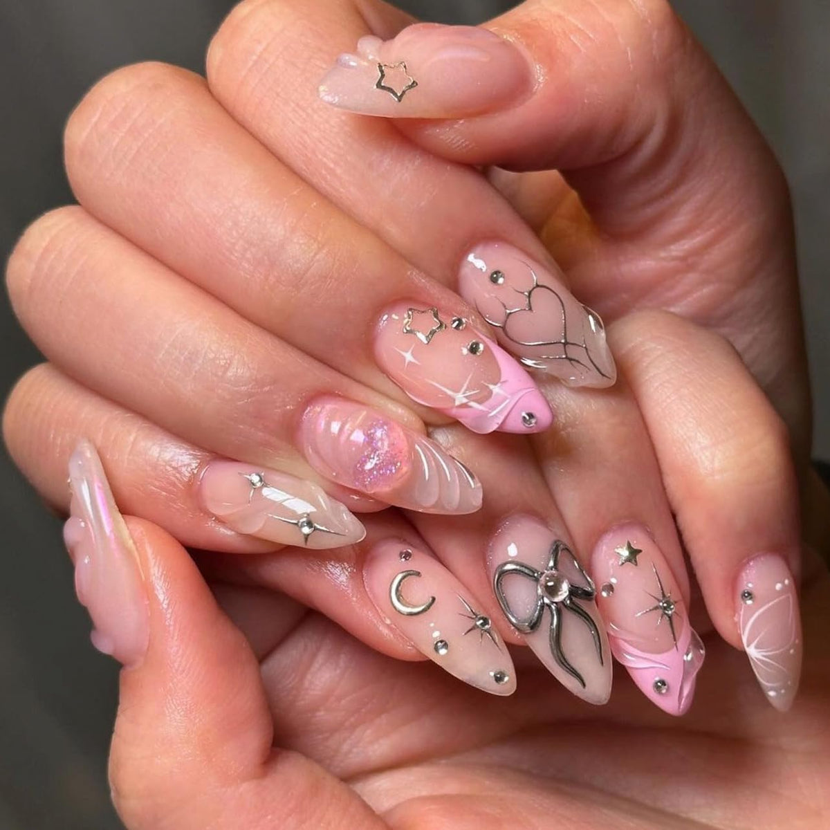 Almond Press on Nails Medium - Fall Fake Nails with Gold Line Design - White Full Cover Stick on False Nails - for Women 24 Pcs