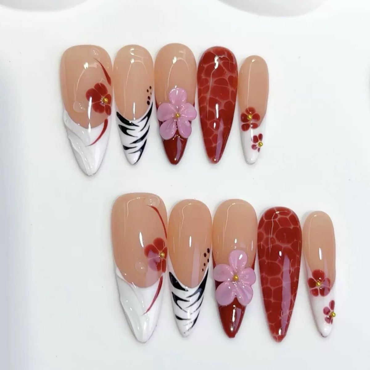 Long Stiletto Press On Nails, Handmade Nude White French False Nails with Gold Rhinestone Decor, Reusable Salon Grade Fake Nails Easy to Wear, 10Pcs M Size for Women