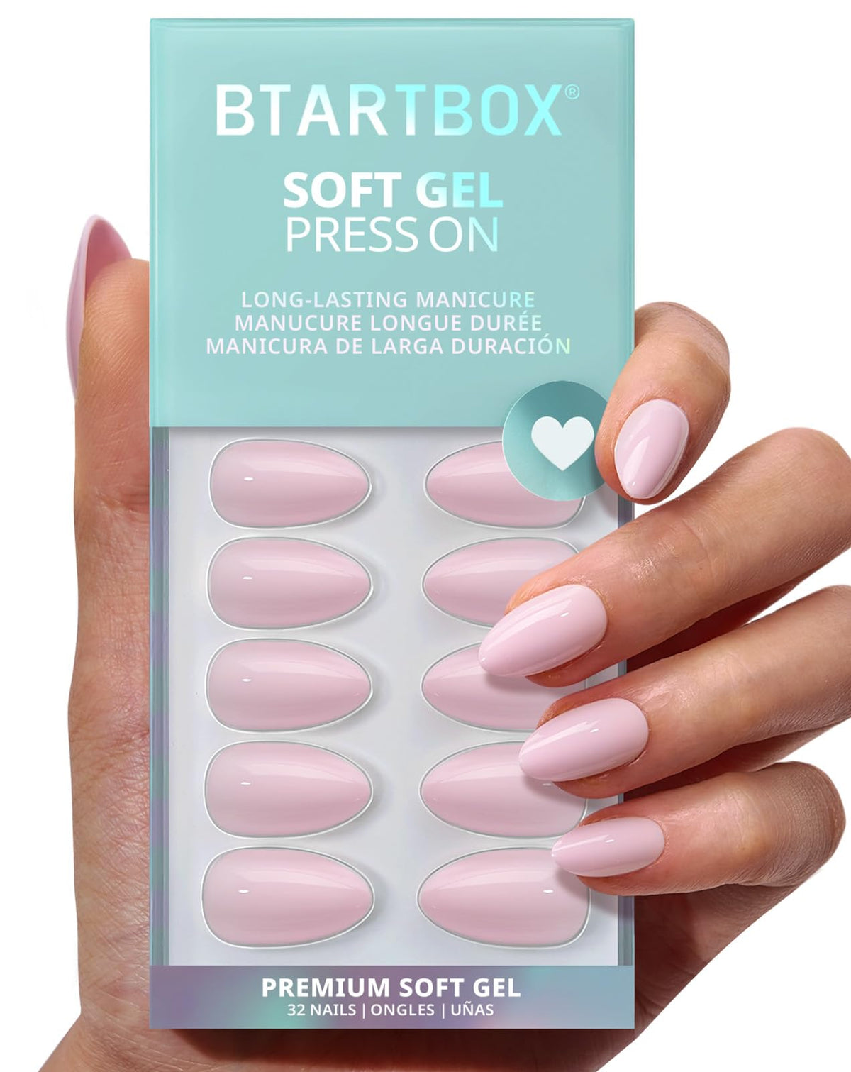 BTArtbox Press On Nails, Extra Short Almond Baby Pink Nails, 32Pcs Full Kit