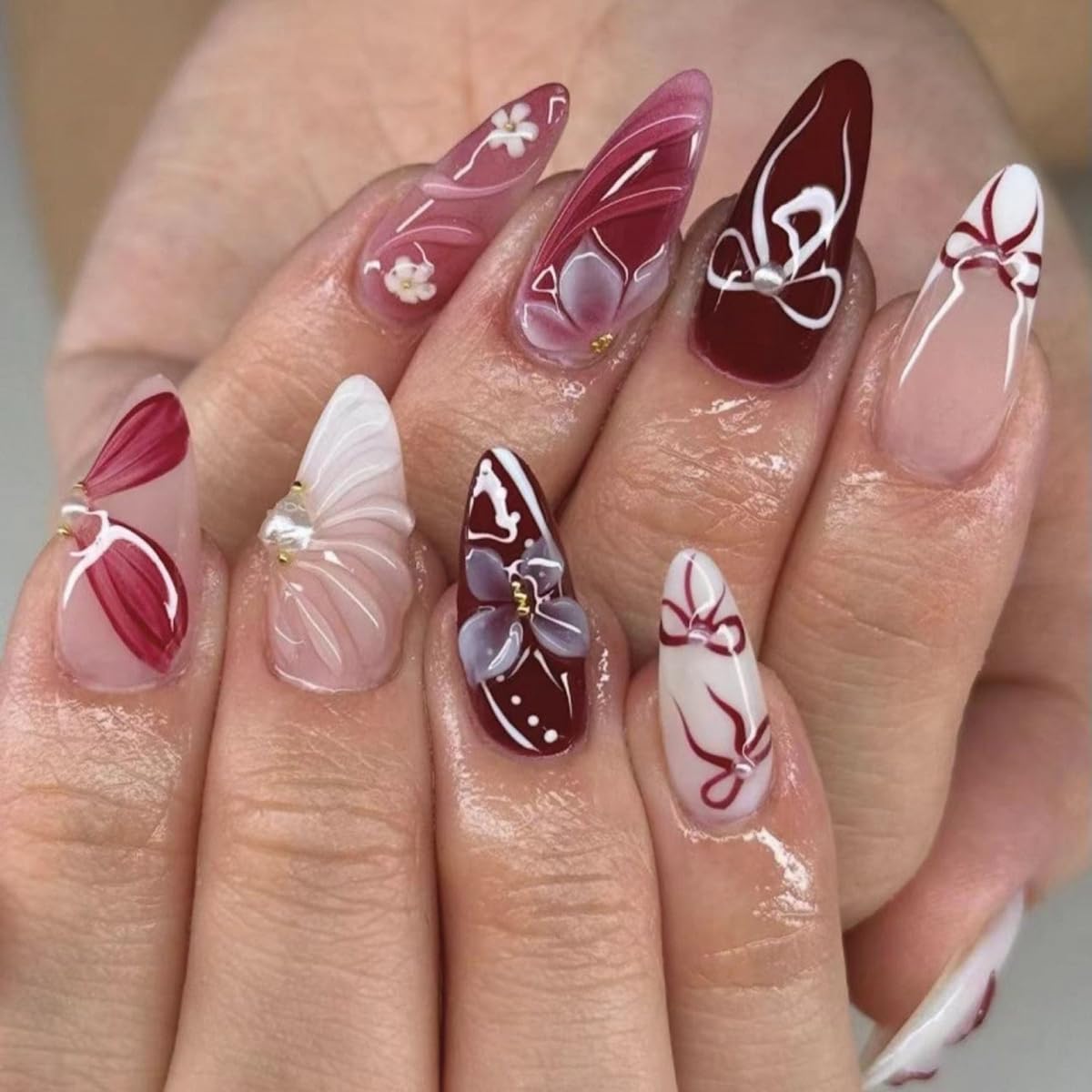 Medium Almond Press on Nails - White French Tip with 3D Flower Rhinestones