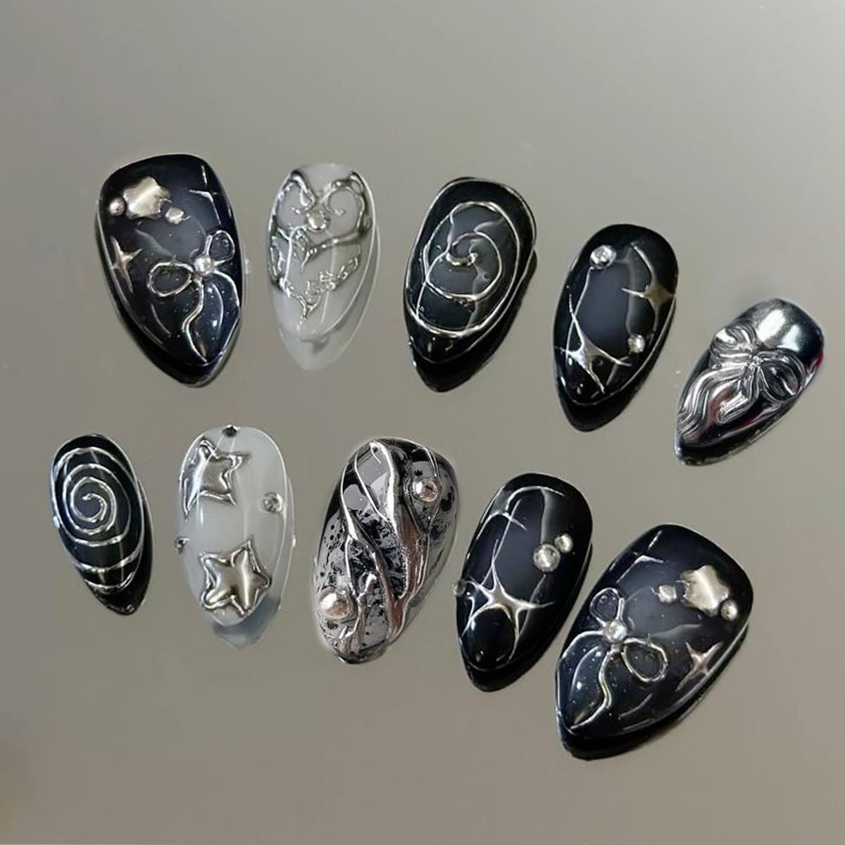 30Pcs Long Stiletto Press On Nails Gold Chrome Fake Nails with 3D Rhinestone Design Amber Gilding Nude Full Cover Acrylic Nails French Tip Glue On Nails Metal False Nails Luxury Manicure Set for Women