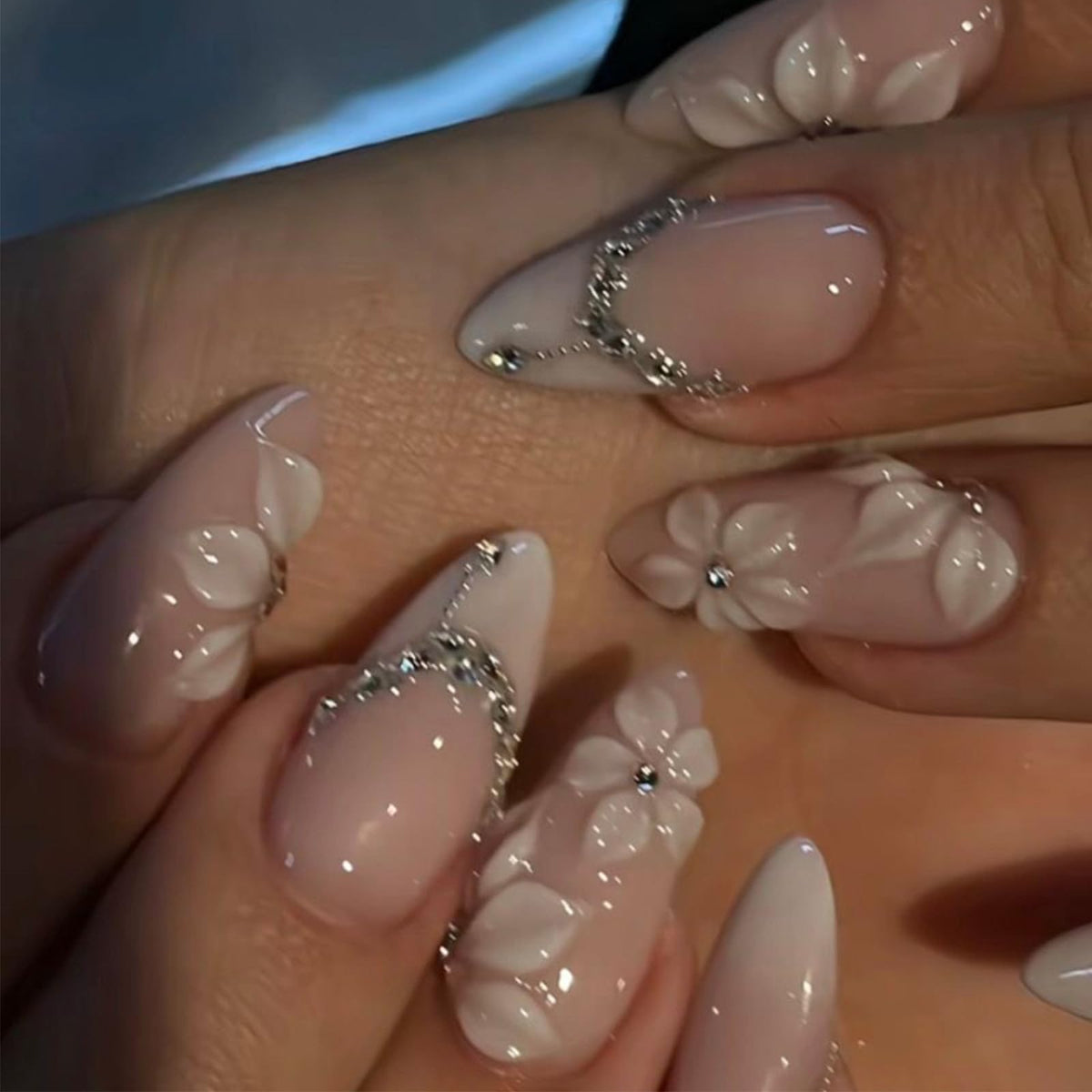 30Pcs Long Stiletto Press On Nails Gold Chrome Fake Nails with 3D Rhinestone Design Amber Gilding Nude Full Cover Acrylic Nails French Tip Glue On Nails Metal False Nails Luxury Manicure Set for Women
