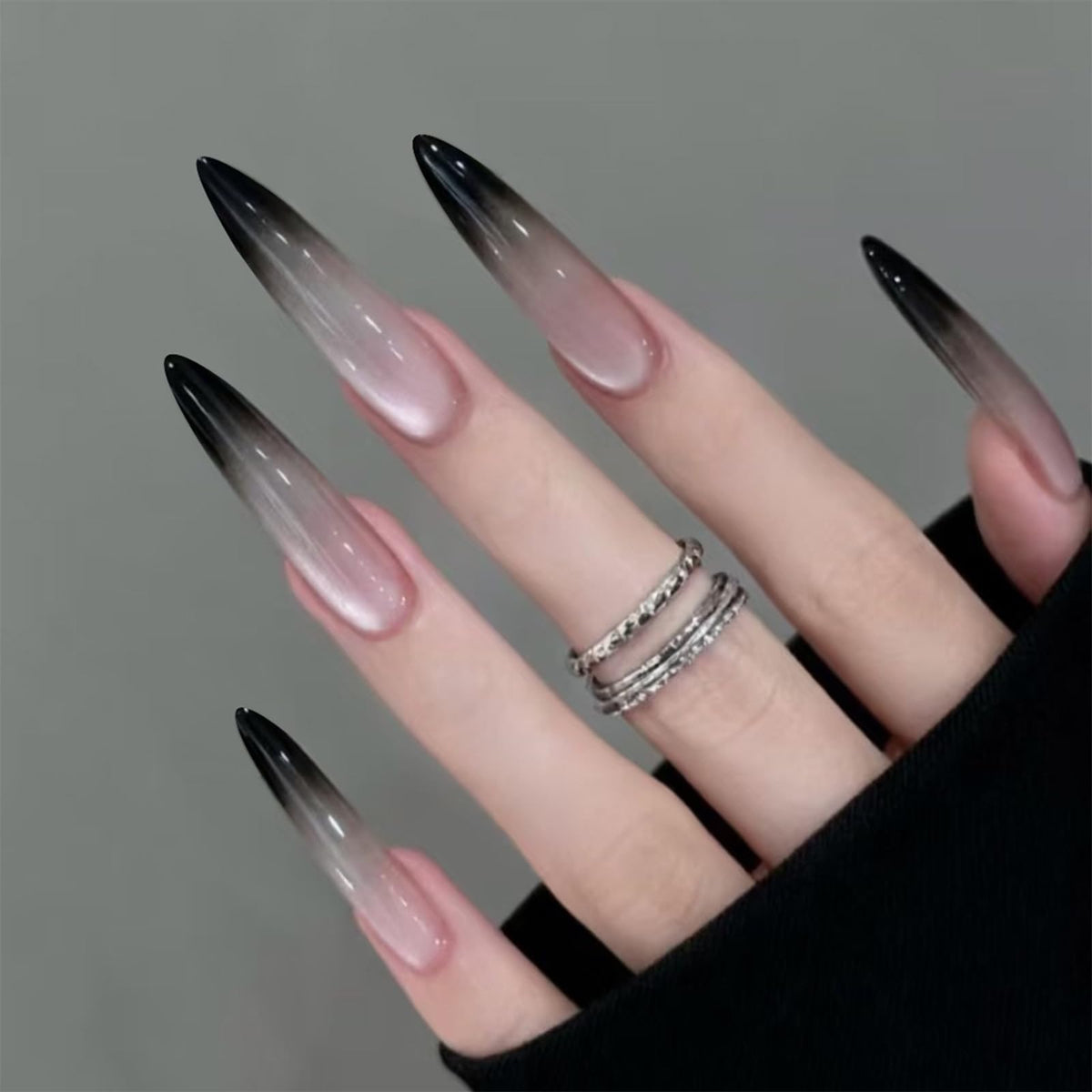 SINHOT Stiletto Press on Nails Long Fake Nails Glossy Glue on Nails Luxury Rhinestones Acrylic Nail White Bling Glitter Almond Artificial Nail Stick on False Nail with Design 24pcs