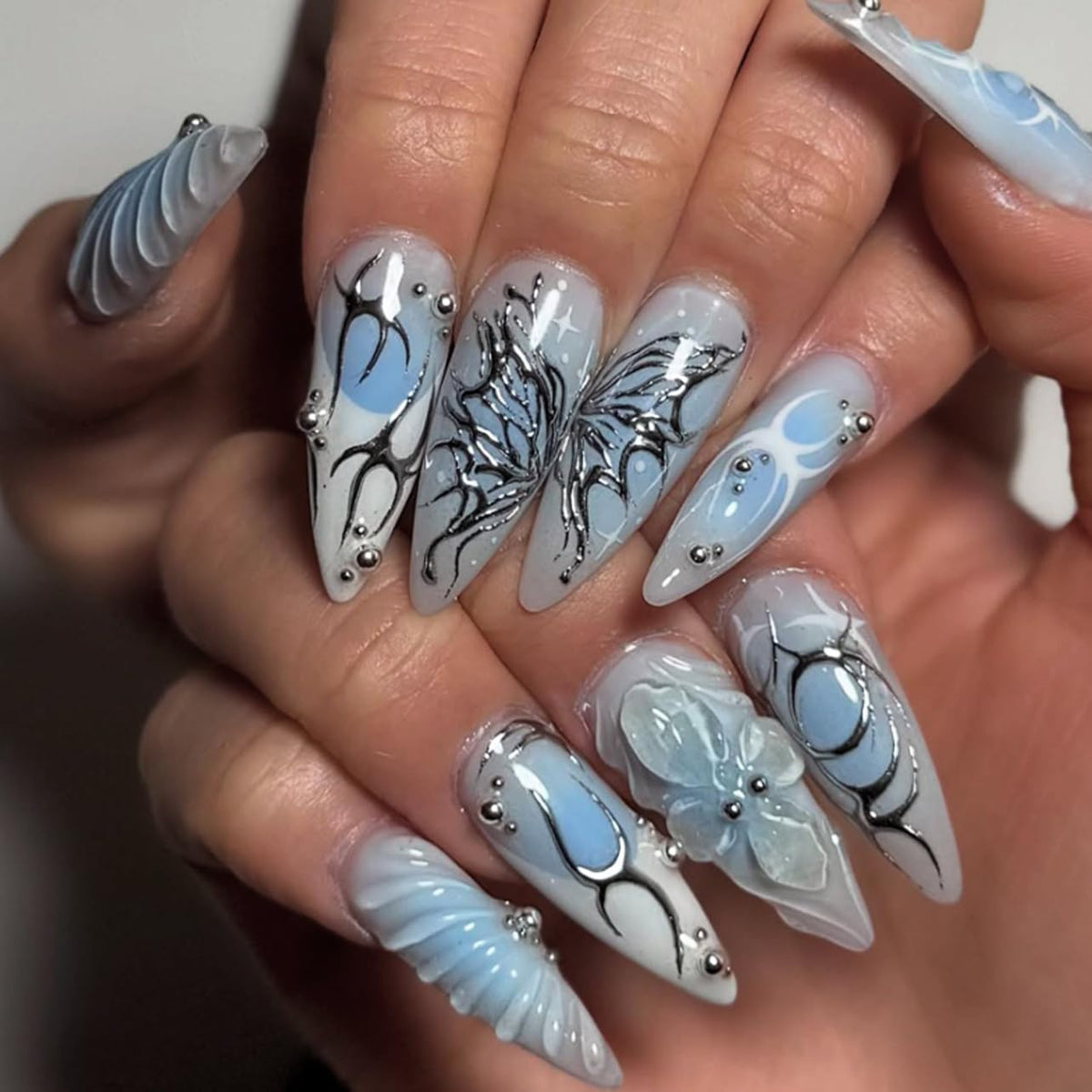 BABALAL Press On Nails, Extra Long Stiletto Fake Nails, Nude Pink, Crystal Rhinestone & Diamond Accents, Glossy Luxury Wedding Party Glue On Nails for Women and Girls 24Pcs