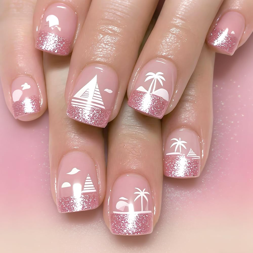 Glossy Nude Gold French Tip Press On Nails Short Almond, 30 PCS