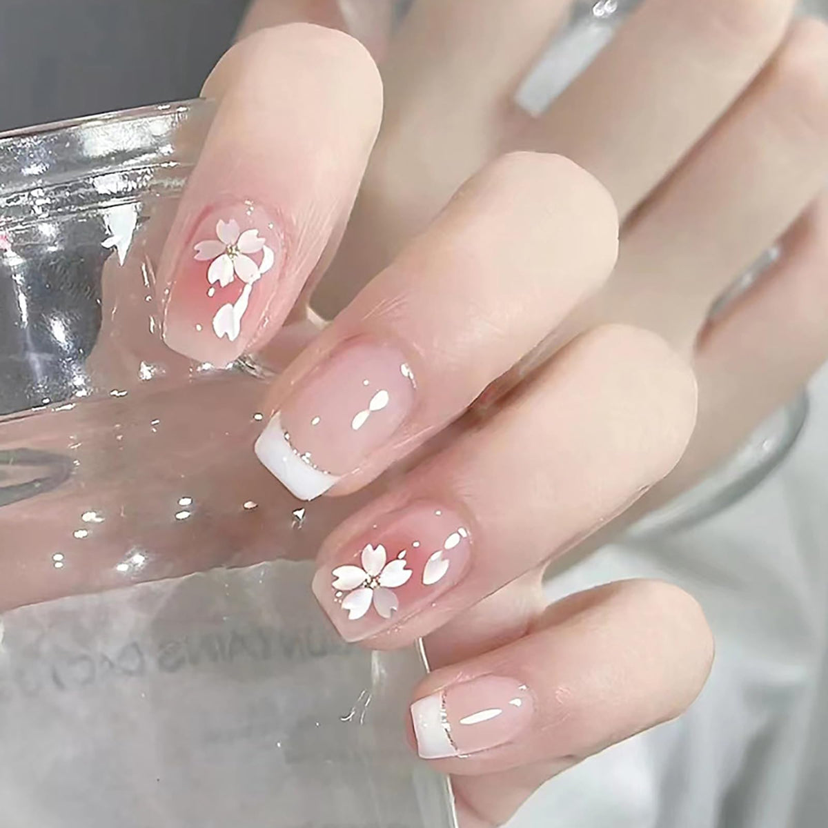 24Pcs Long Square Nude Pink White Nails Press ons Pearl Gold Flower Fake Nails Elegant False Nails Bridal Nails Glue on Luxurious Stick on Nails Casual Work for Girl Women Wedding Formal Occasions