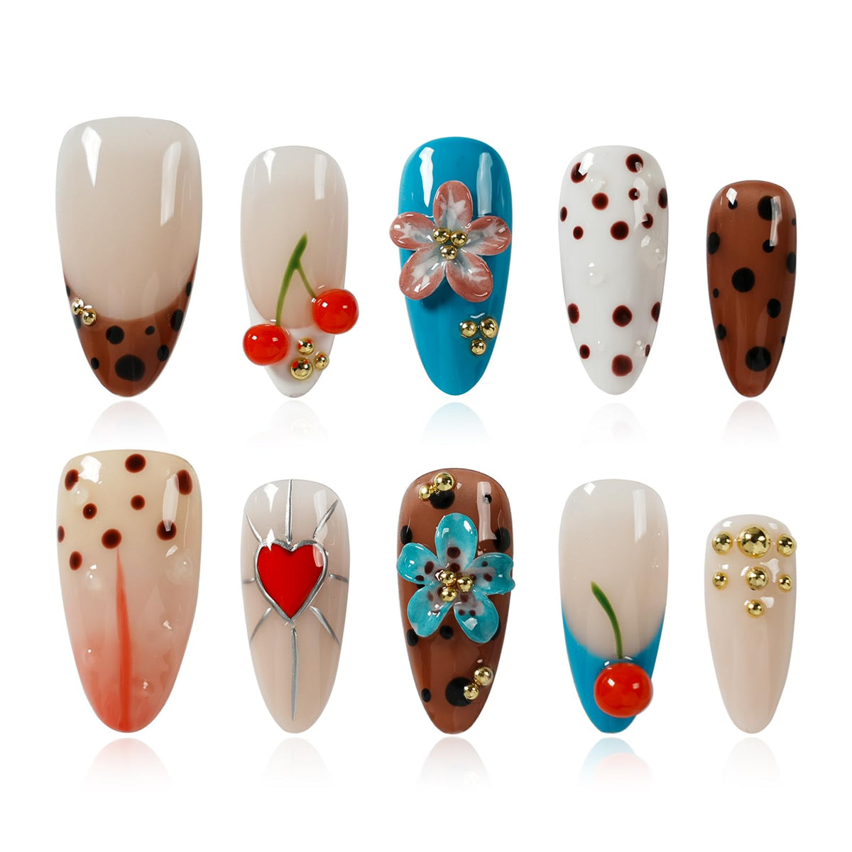 Gothic 3D Floral Press on Nails Medium Almond - Gold Cross & Rhinestone Design, Handmade Pearl Luxury Dark Romantic Reusable Nails (Orange Diamond Sweet Luxury,L)