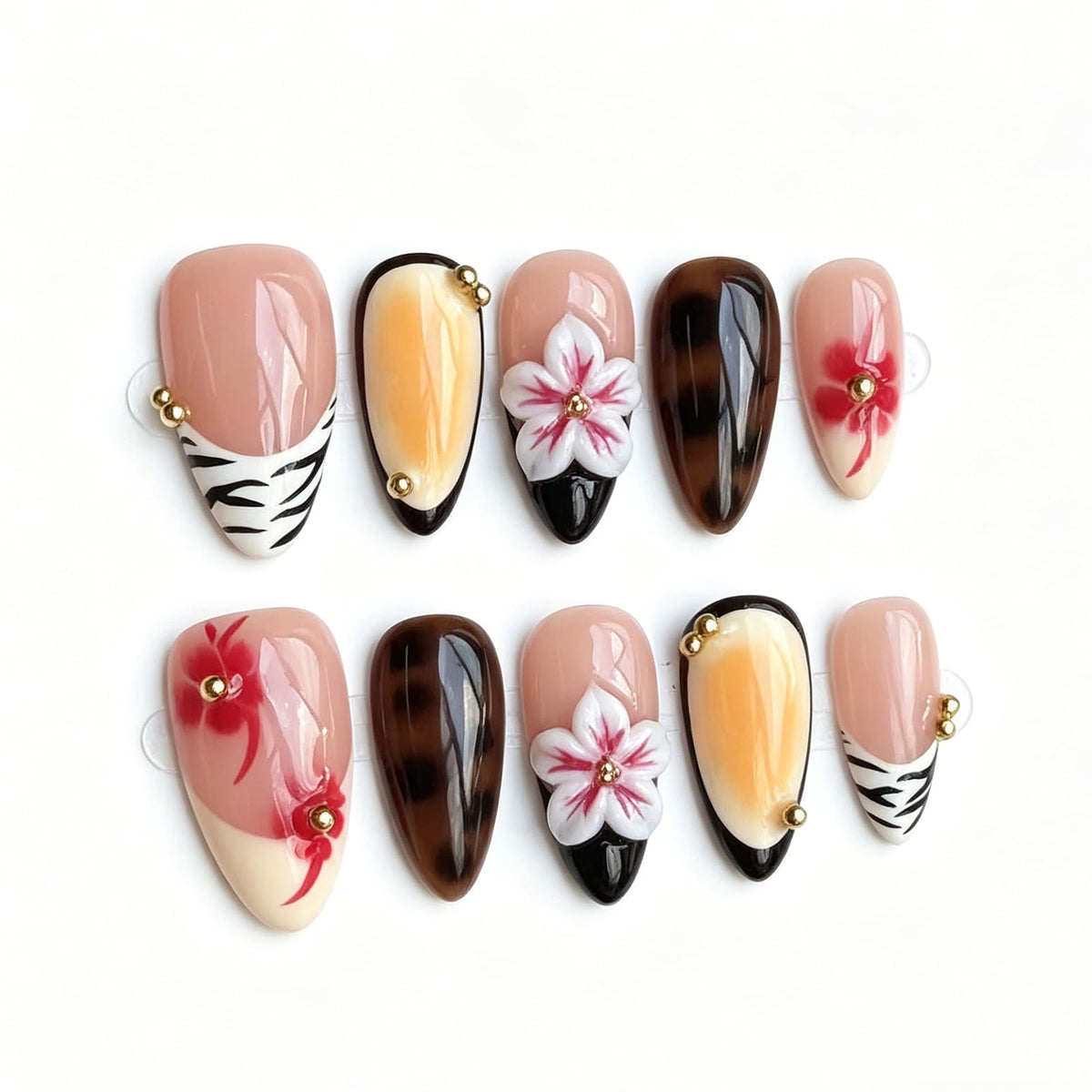 Handmade Press On Nails – Short Almond False Nails for Women, Reusable Acrylic White French Tip with Pearl & 3D Flowers Design – Salon Quality Fake Nails (10PCS Size S)